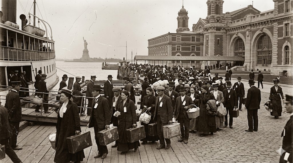 Emigranti italiani in arrivo a Ellis Island, primi del Novecento