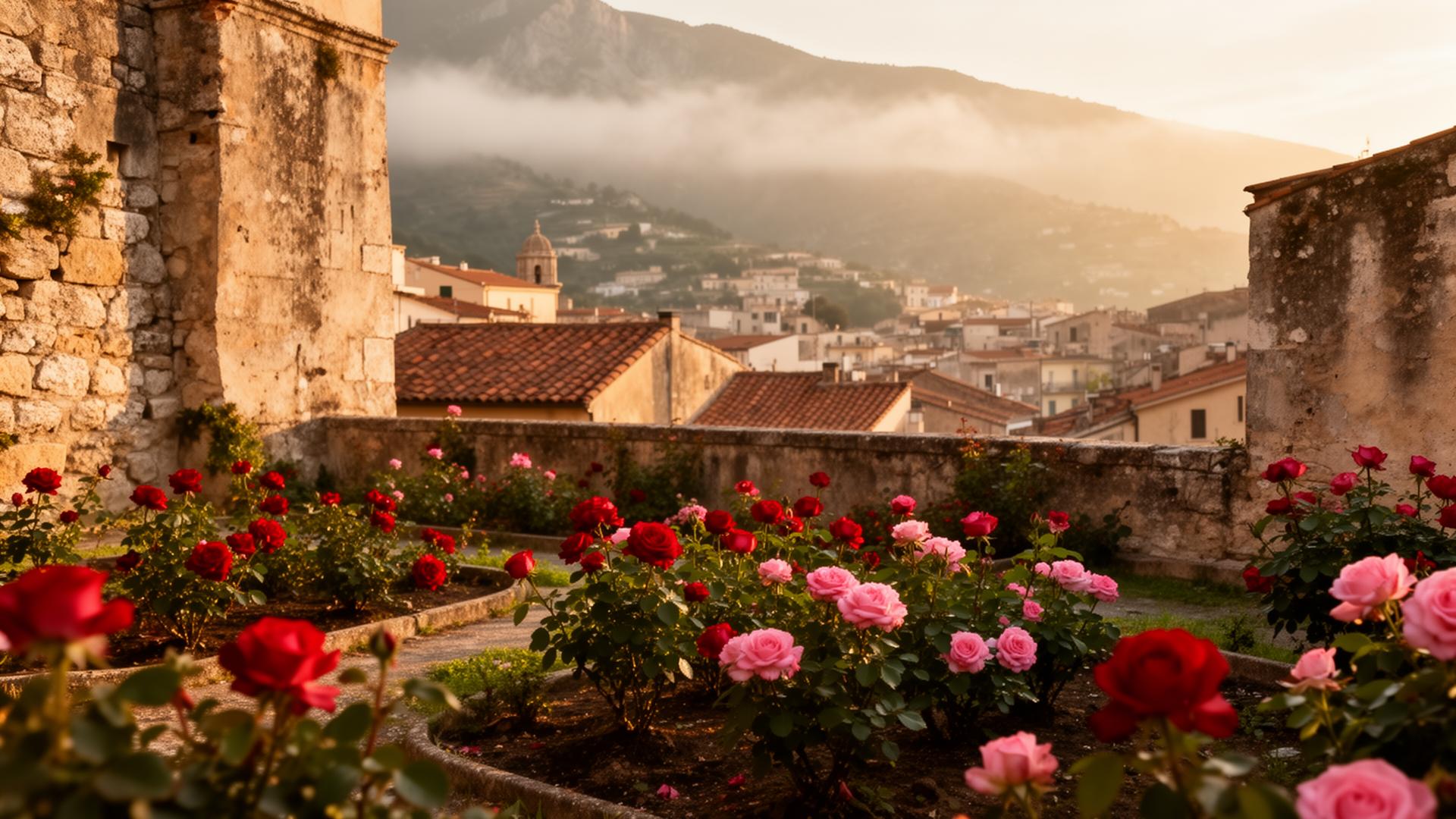 Giardino di rose nel centro storico di Rose, Cosenza, al tramonto
